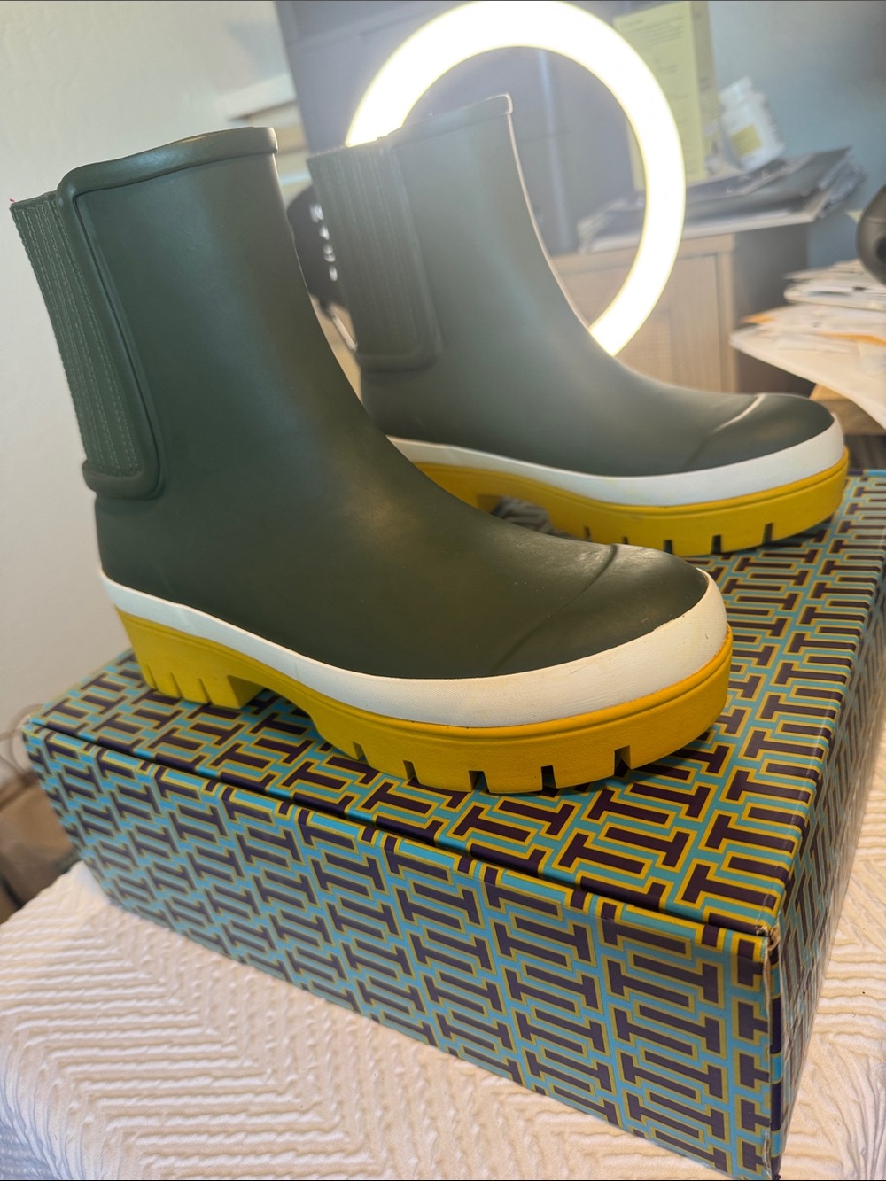 Tory Burch Olive Green Chelsea Rain Booties with Yellow and White Lug Sole